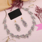 Tehzeeb Creations Silver Pleated White Diamond With Lavender Beads Necklace Set