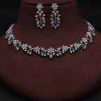 Tehzeeb Creations Silver Pleated White Diamond With Lavender Beads Necklace Set