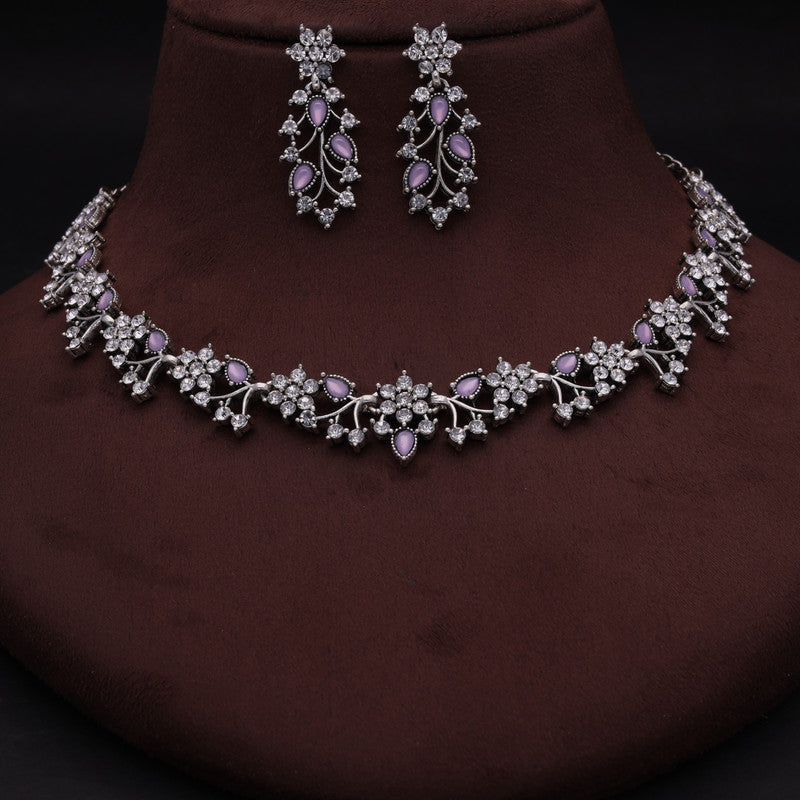 Tehzeeb Creations Silver Pleated White Diamond With Lavender Beads Necklace Set