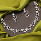 Tehzeeb Creations Silver Pleated White Diamond With Lavender Beads Necklace Set