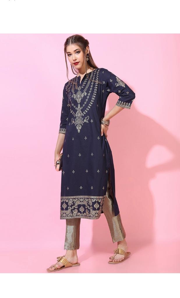 Maai Rayon Hand Printed Kurta Navy - Distacart