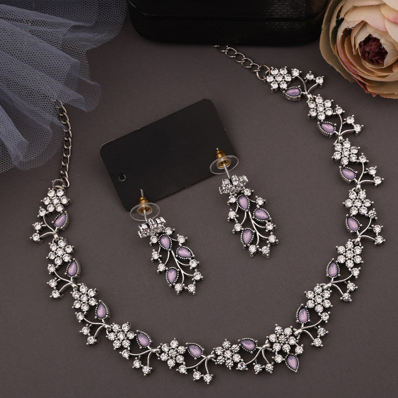 Tehzeeb Creations Silver Pleated White Diamond With Lavender Beads Necklace Set