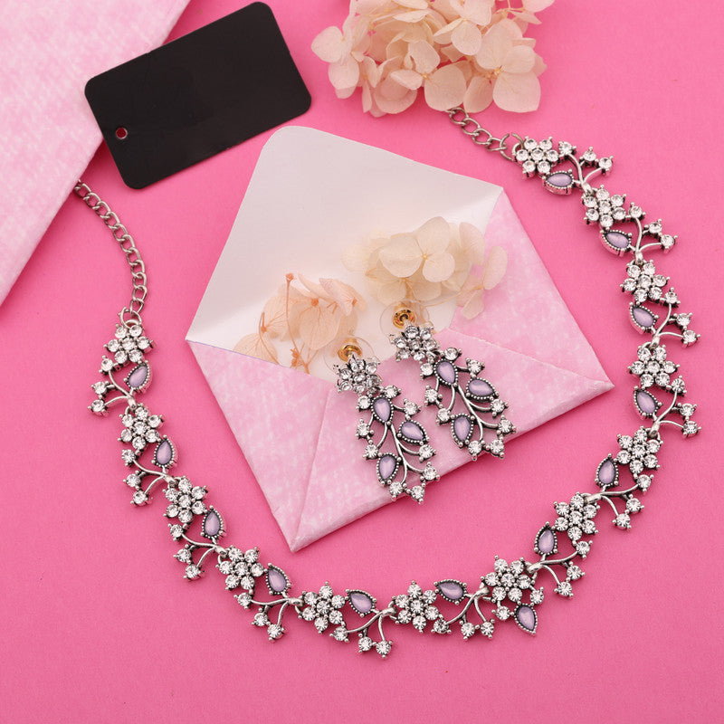 Tehzeeb Creations Silver Pleated White Diamond With Lavender Beads Necklace Set