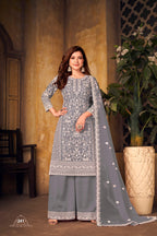 Anaita Grey Embroidered Net Plazzo Suit - Distacart