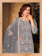 Anaita Grey Embroidered Net Plazzo Suit - Distacart