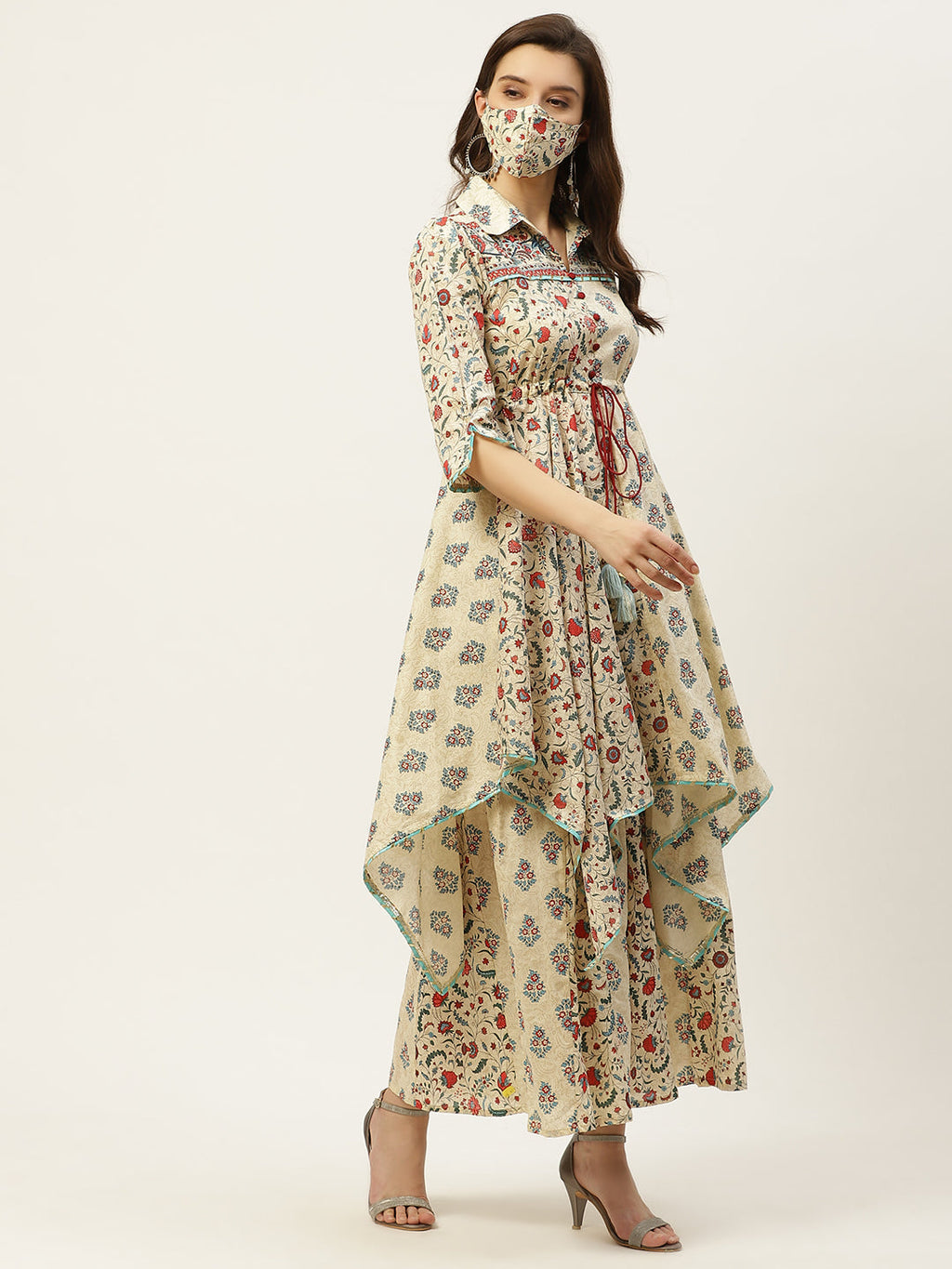Juniper Women Beige Cambric Printed Asymmetric Dress - Distacart