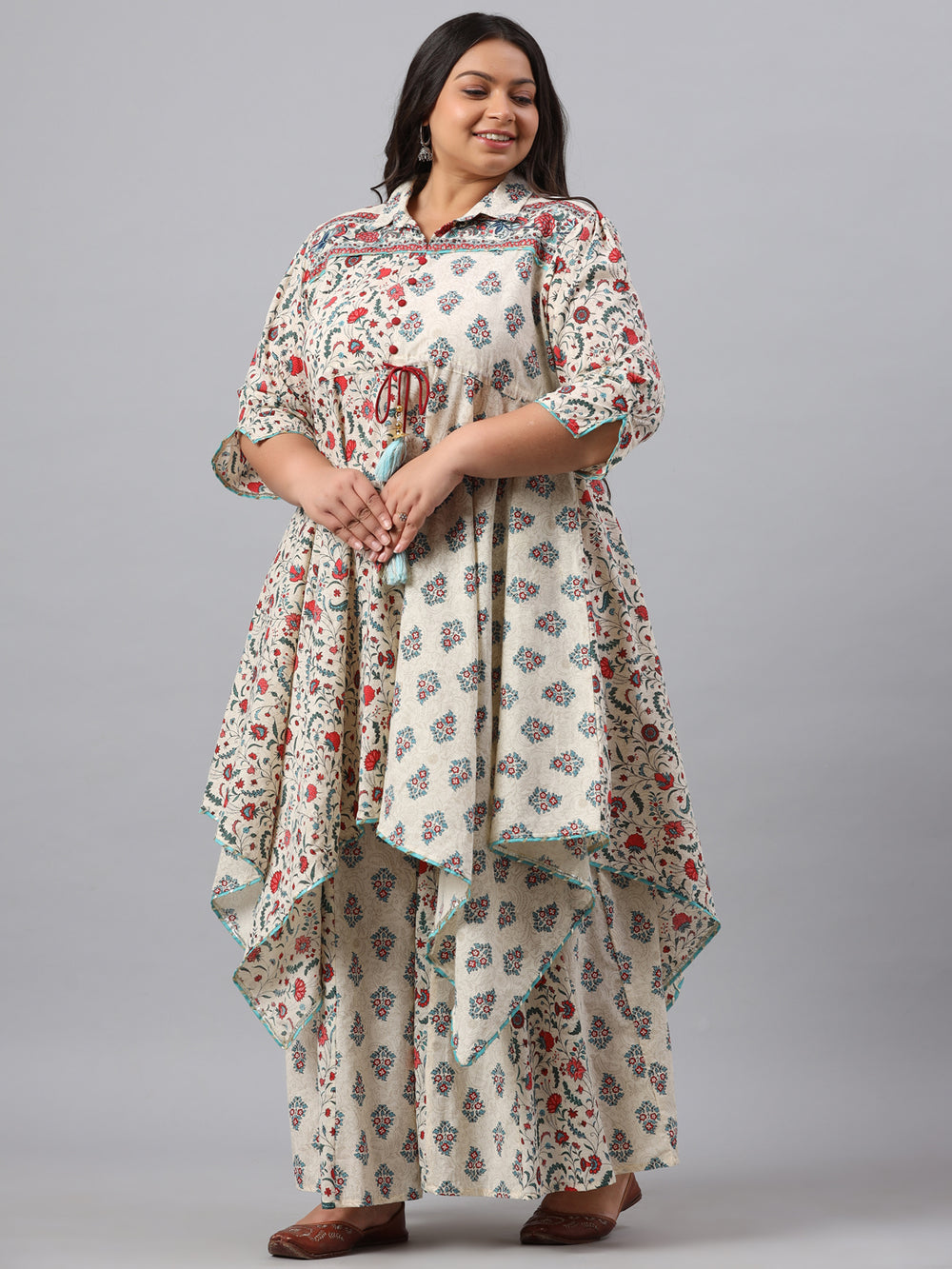 Juniper Women`s Beige Cambric Fusion Wear Printed Asymmetric Kurta Sets - Distacart