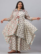 Juniper Women`s Beige Cambric Fusion Wear Printed Asymmetric Kurta Sets - Distacart