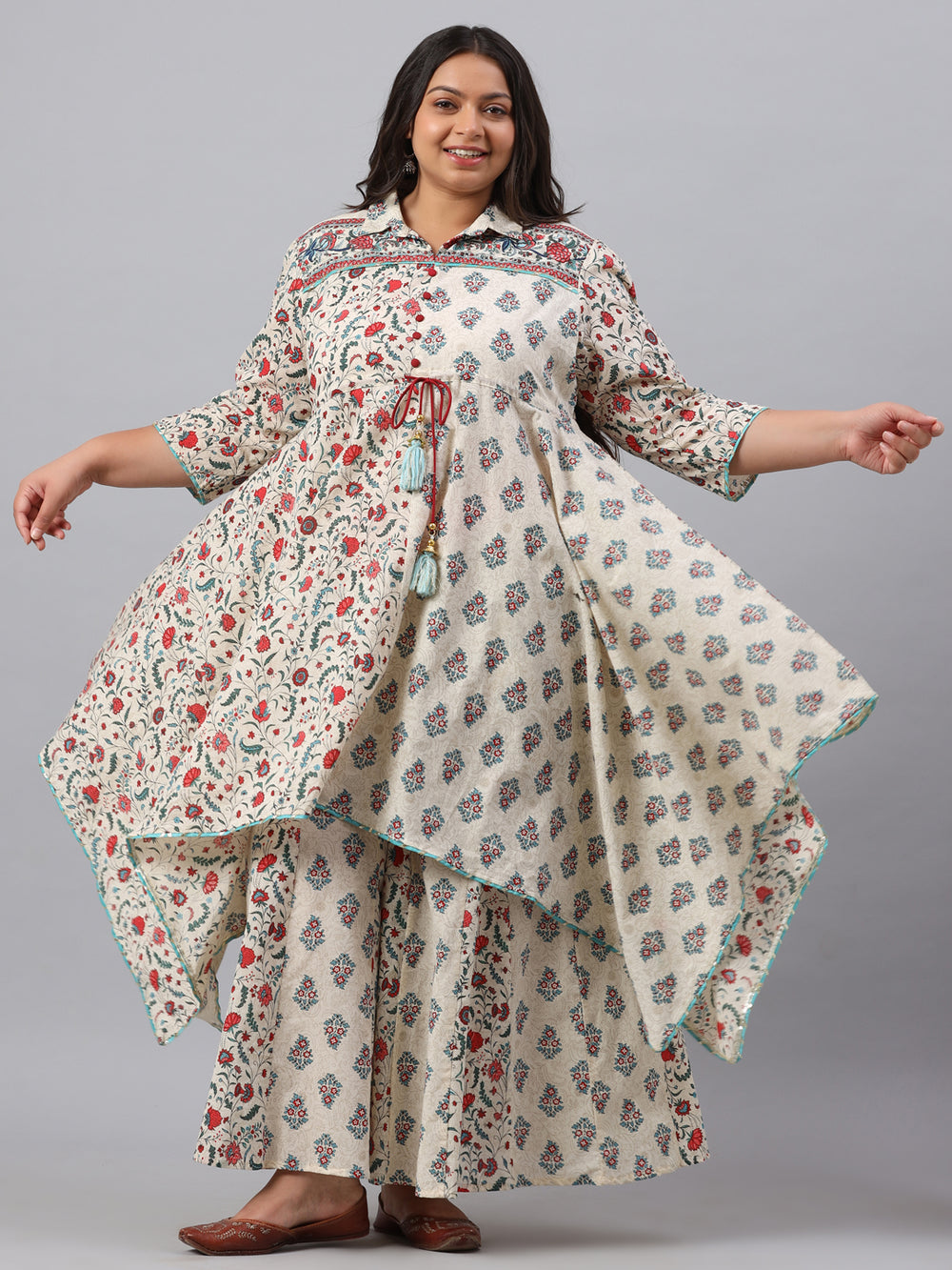 Juniper Women`s Beige Cambric Fusion Wear Printed Asymmetric Kurta Sets - Distacart