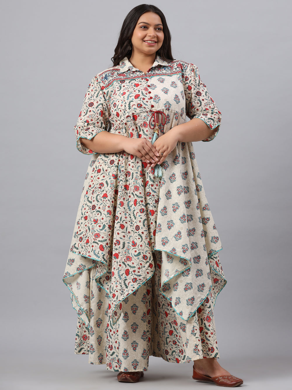Juniper Women`s Beige Cambric Fusion Wear Printed Asymmetric Kurta Sets - Distacart