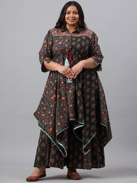 Juniper Women`s Black Cambric Festive Wear Printed Asymmetric Clothing Set