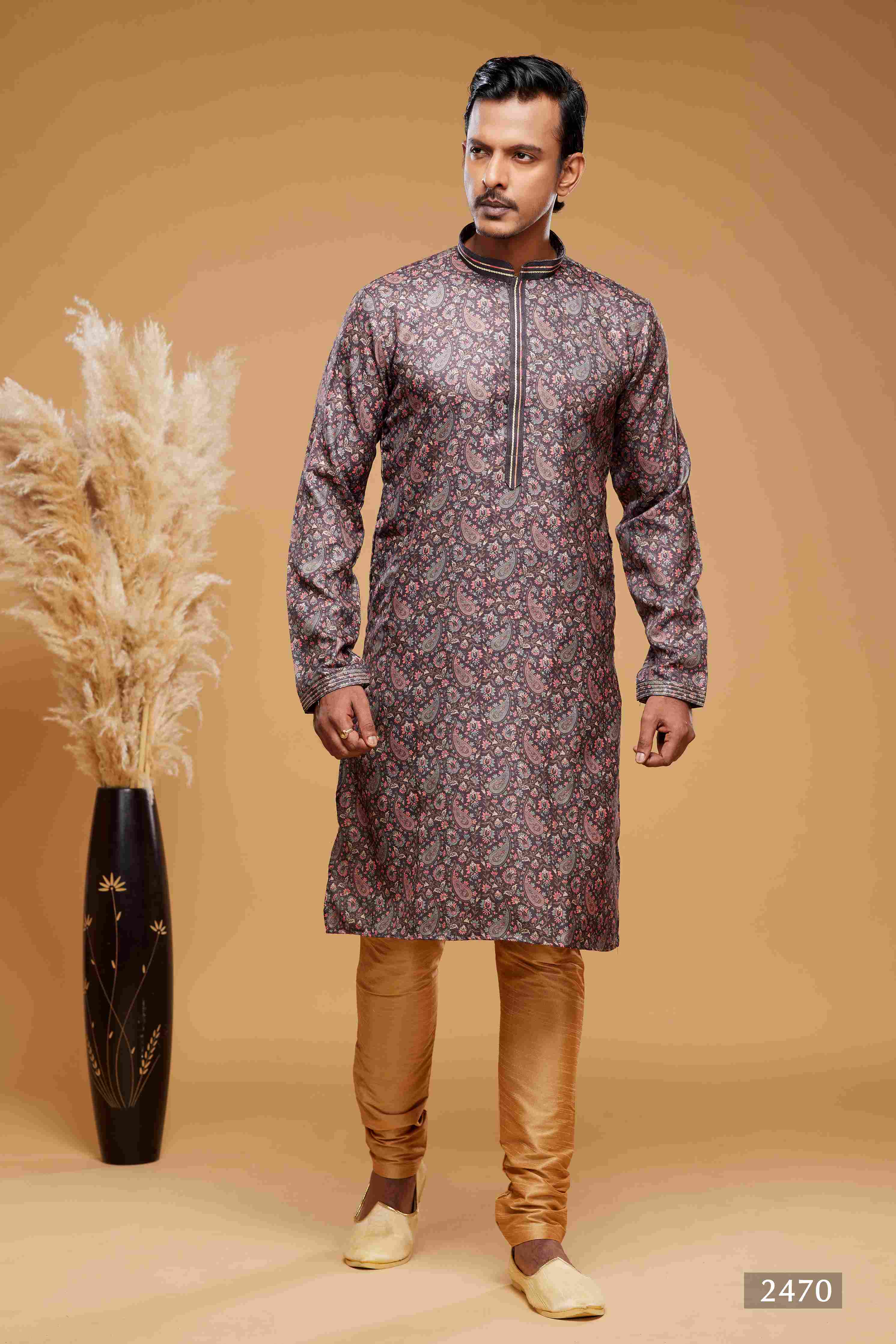 Raivat Ethnic Art Silk Digital Print Pintux Work Kurta Pajama In Brown Colour