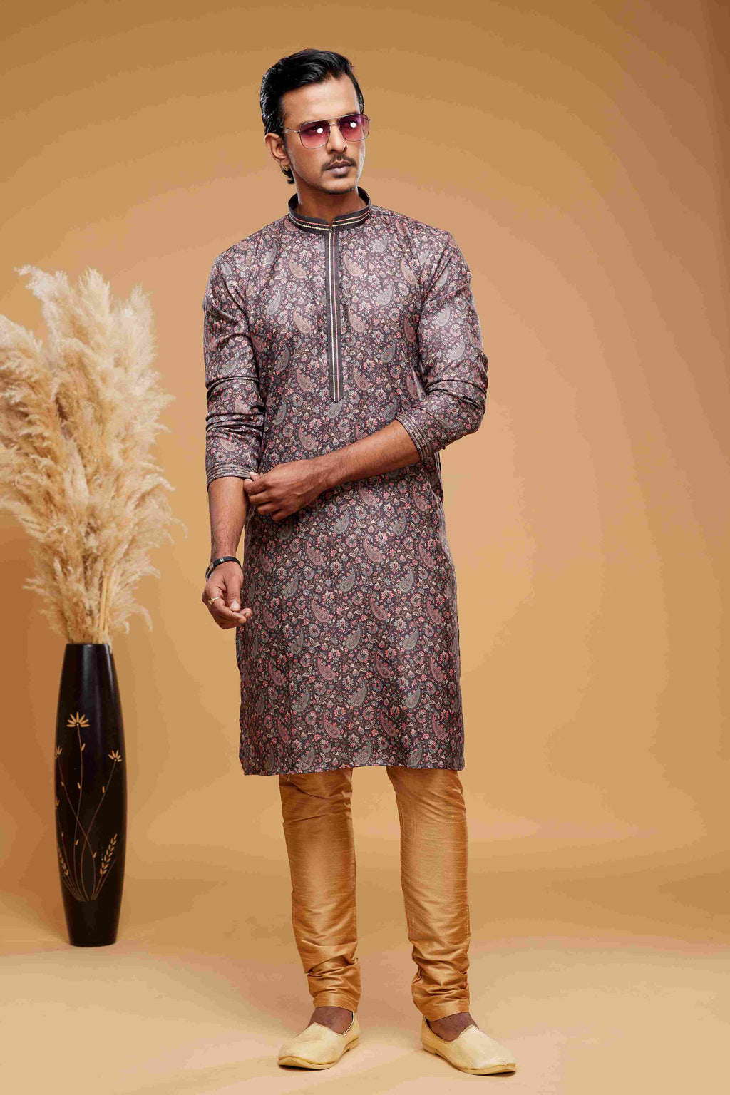 Raivat Ethnic Art Silk Digital Print Pintux Work Kurta Pajama In Brown Colour