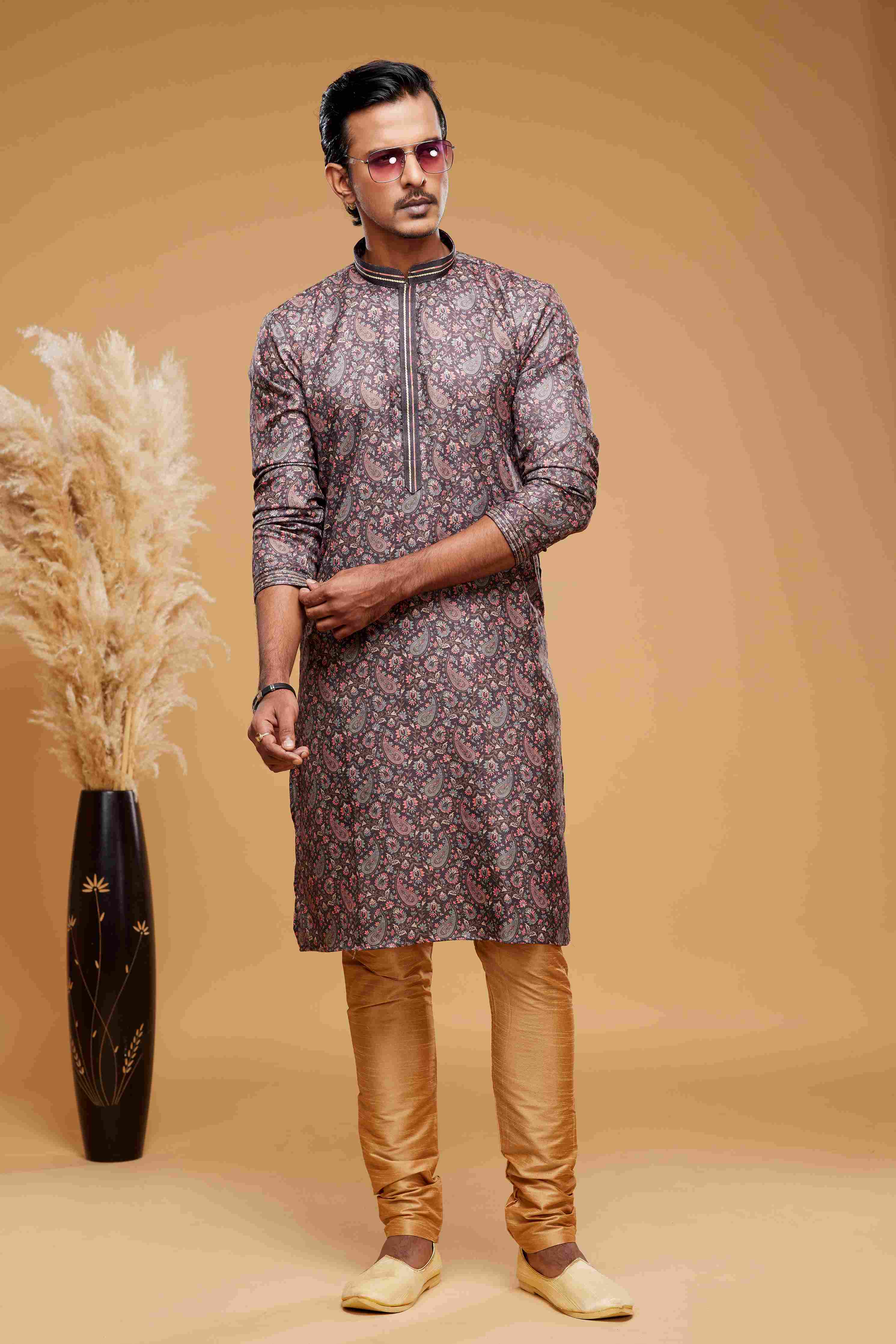 Raivat Ethnic Art Silk Digital Print Pintux Work Kurta Pajama In Brown Colour