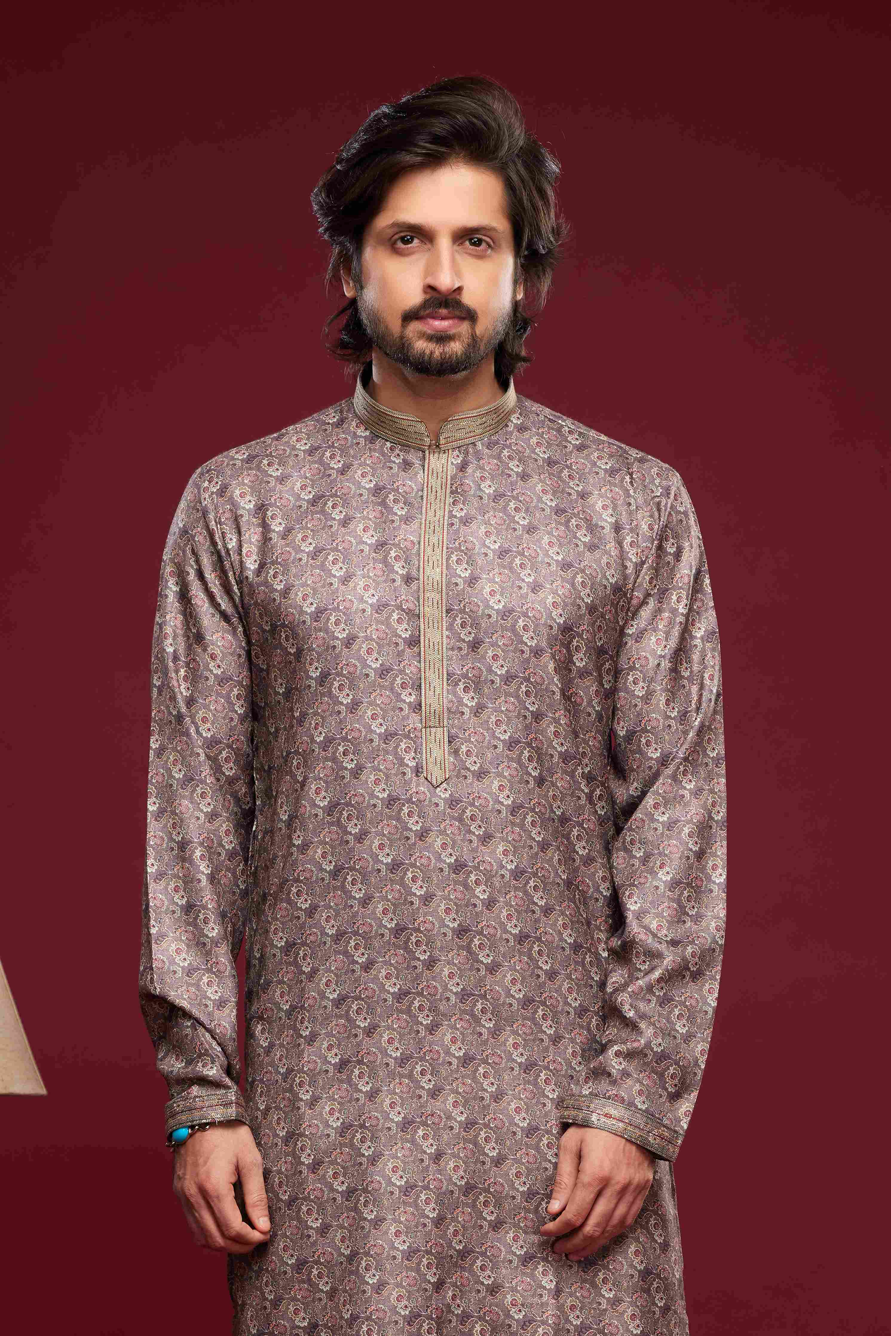 Raivat Ethnic Art Silk Digital Print Pintux Work Kurta Pajama In Grey Colour