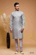 Raivat Ethnic Art Silk Digital Print Pintux Work Kurta Pajama In Purple Grey Colour