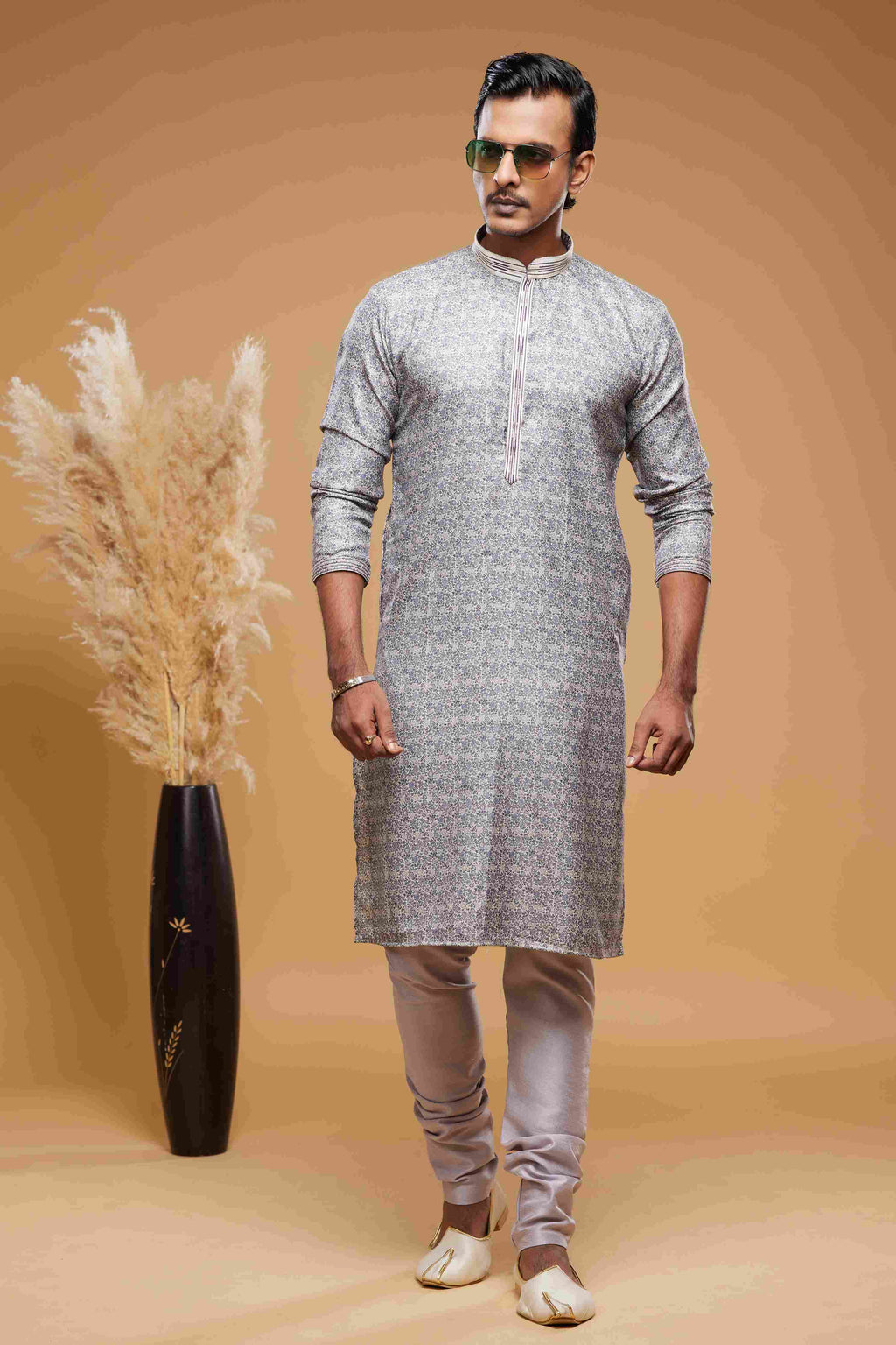 Raivat Ethnic Art Silk Digital Print Pintux Work Kurta Pajama In Purple Grey Colour