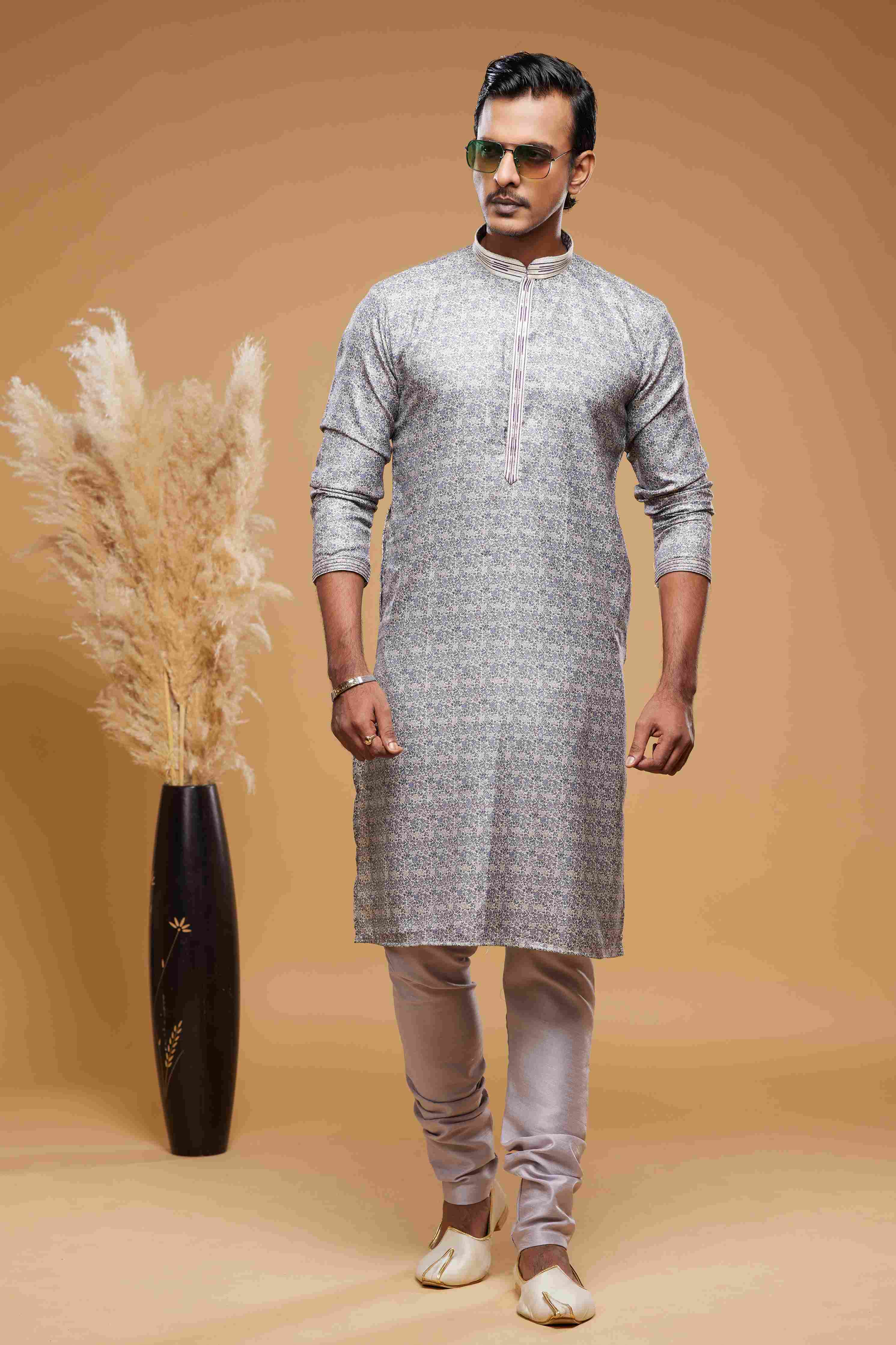 Raivat Ethnic Art Silk Digital Print Pintux Work Kurta Pajama In Purple Grey Colour