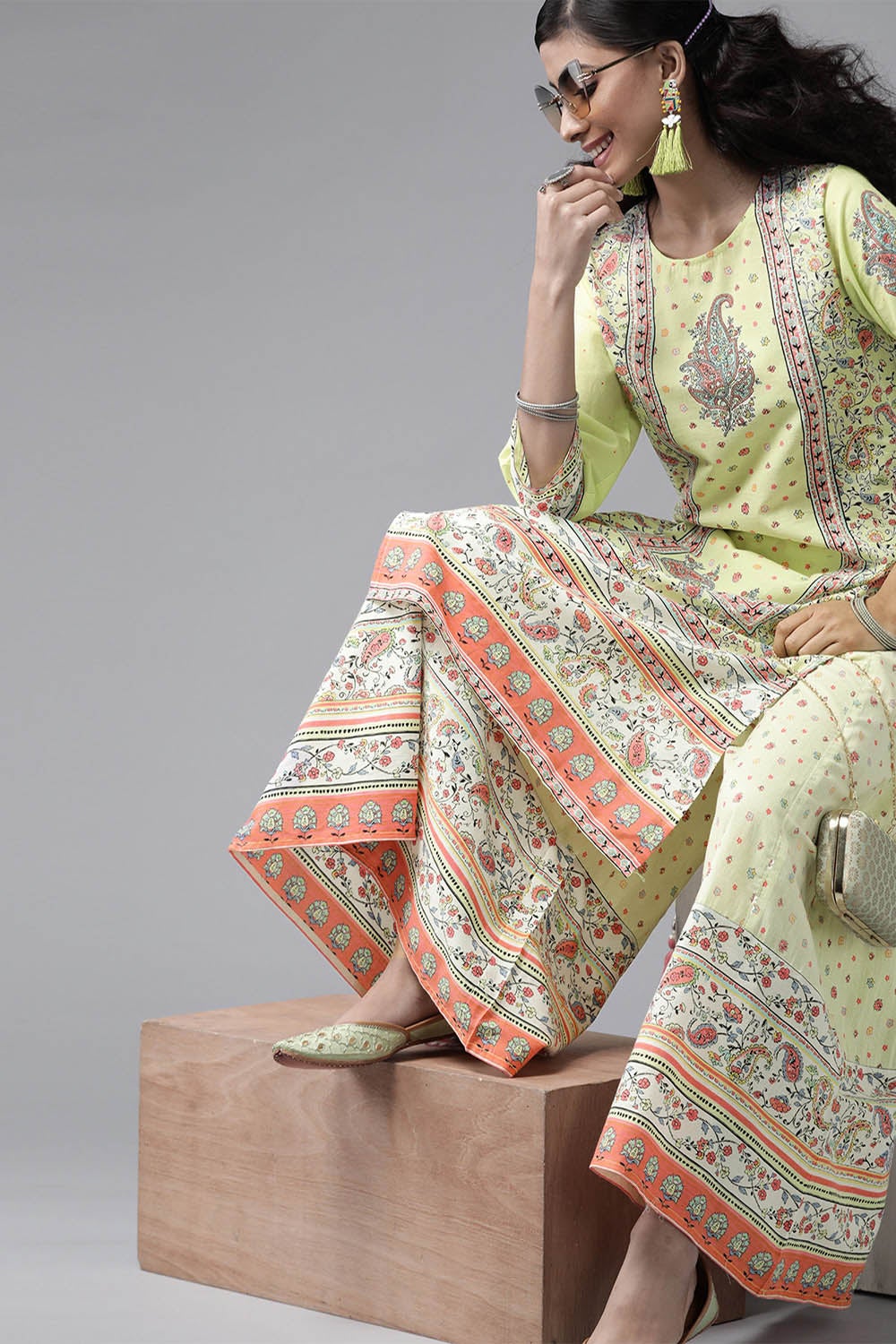 Juniper Women's Limegreen Cambric Printed Straight Kurta Sets - Distacart