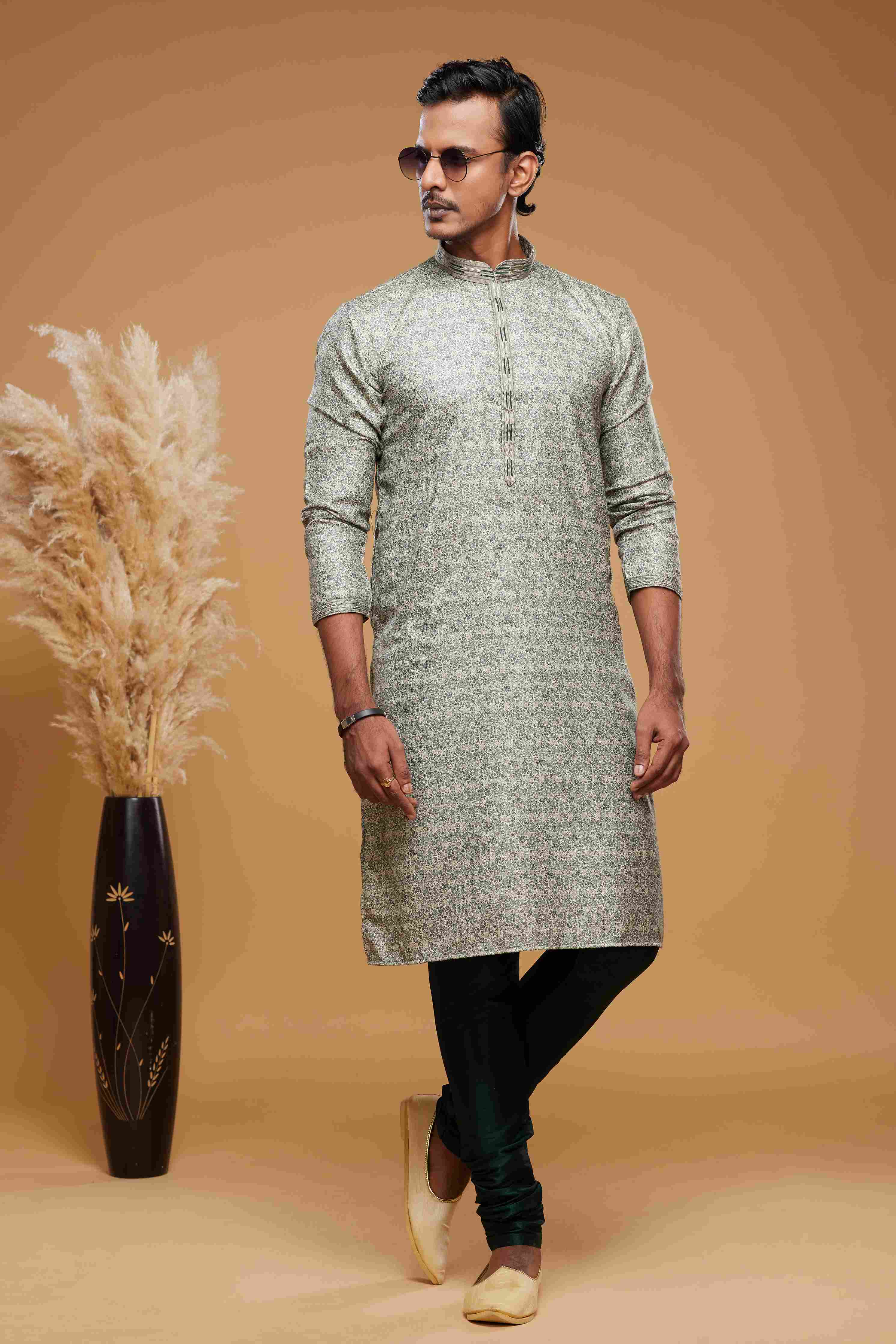 Raivat Ethnic Art Silk Digital Print Pintux Work Kurta Pajama In Green Colour