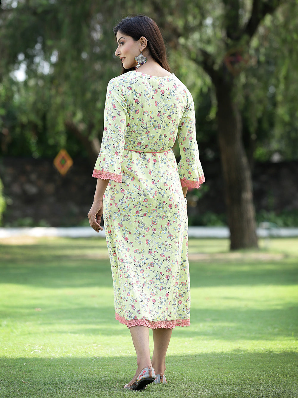 Juniper Women's Limegreen Cambric Embroidered & Printed Jacket Style Kurta - Distacart