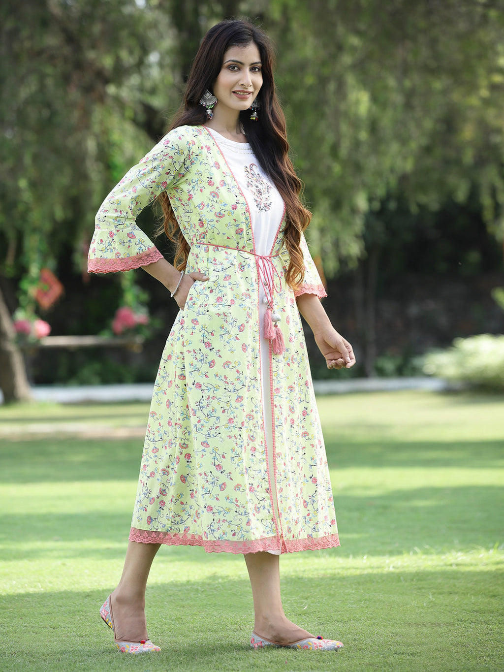 Juniper Womens Lime Green Multi Rayon Slub Double Layer Printed Kurta - Distacart