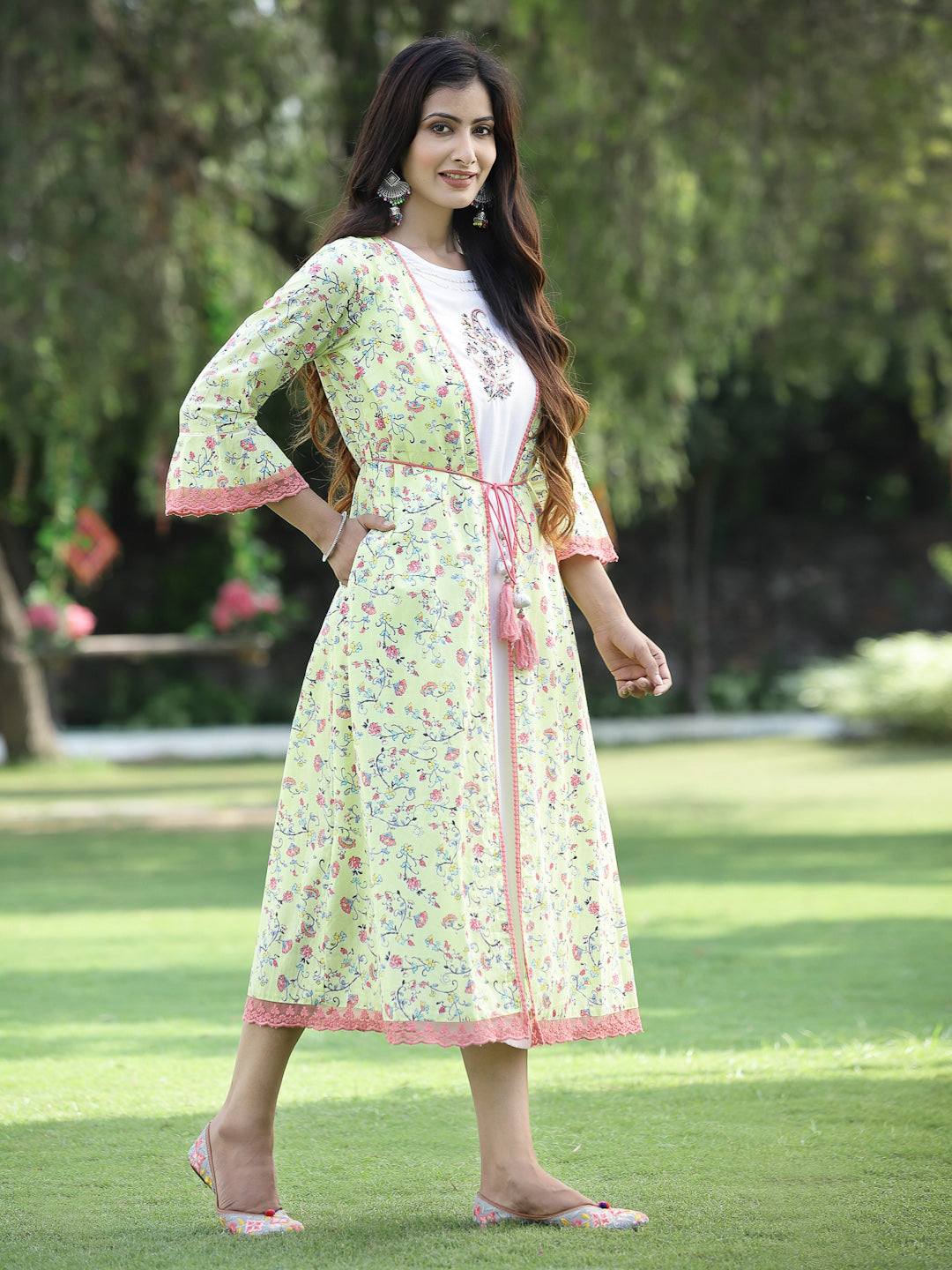 Juniper Womens Lime Green Multi Rayon Slub Double Layer Printed Kurta - Distacart