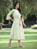 Juniper Women's Limegreen Cambric Embroidered & Printed Jacket Style Kurta - Distacart