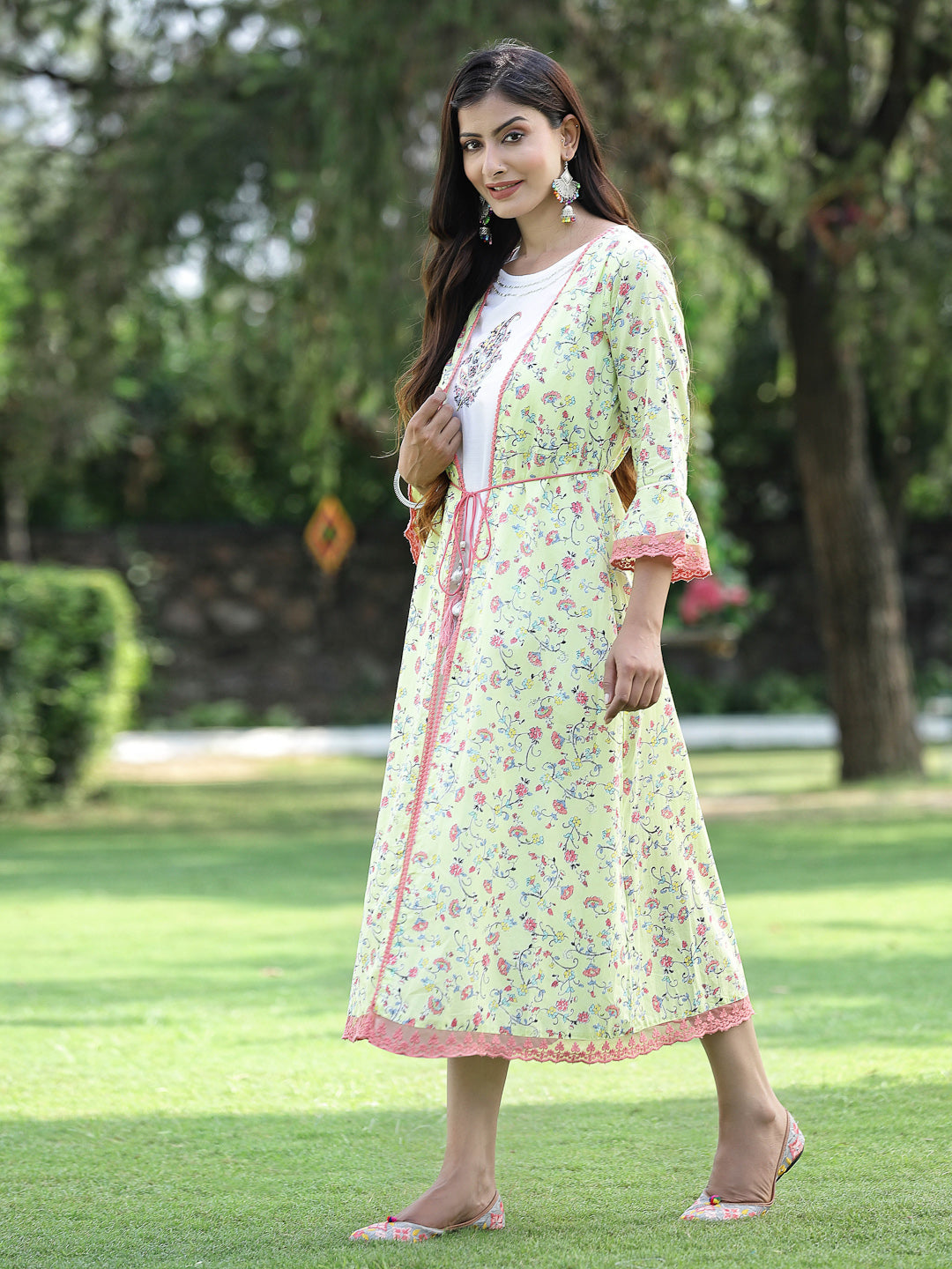 Juniper Womens Lime Green Multi Rayon Slub Double Layer Printed Kurta - Distacart