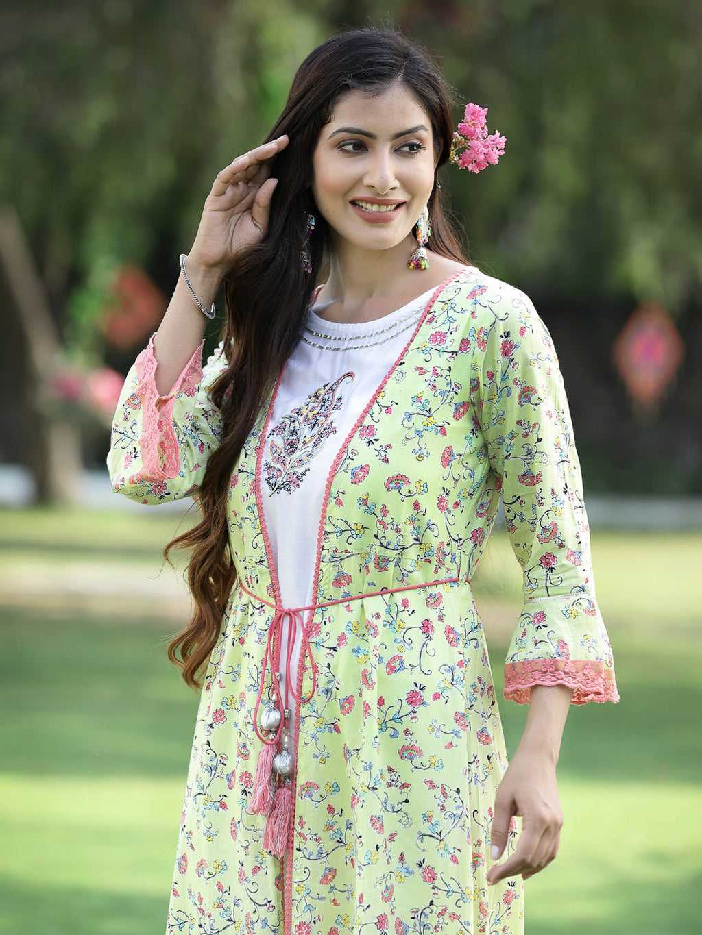 Juniper Womens Lime Green Multi Rayon Slub Double Layer Printed Kurta - Distacart