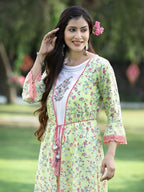 Juniper Womens Lime Green Multi Rayon Slub Double Layer Printed Kurta - Distacart
