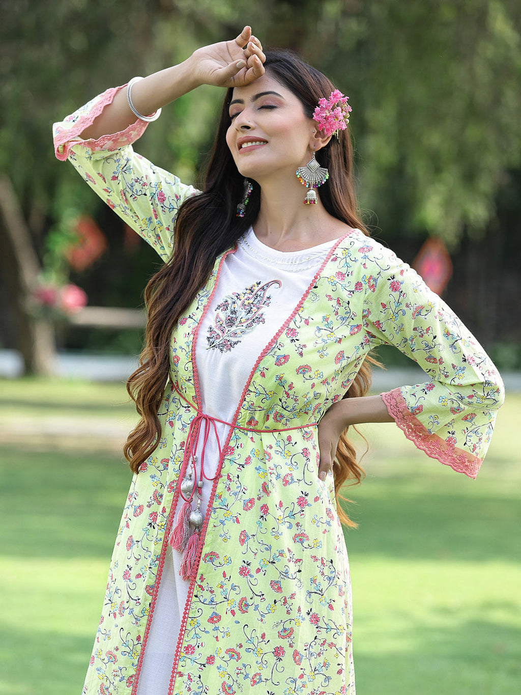 Juniper Womens Lime Green Multi Rayon Slub Double Layer Printed Kurta - Distacart