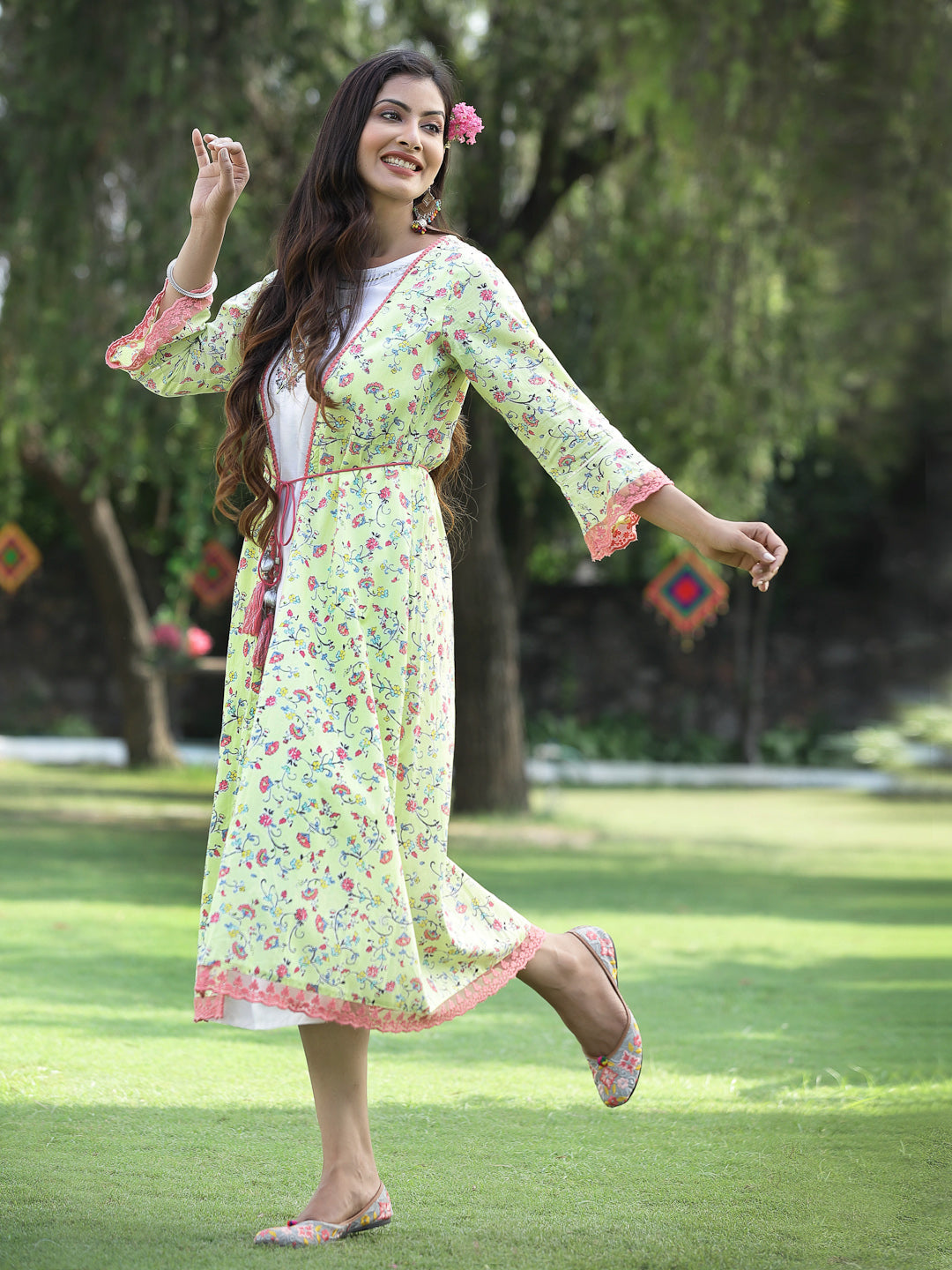 Juniper Womens Lime Green Multi Rayon Slub Double Layer Printed Kurta - Distacart