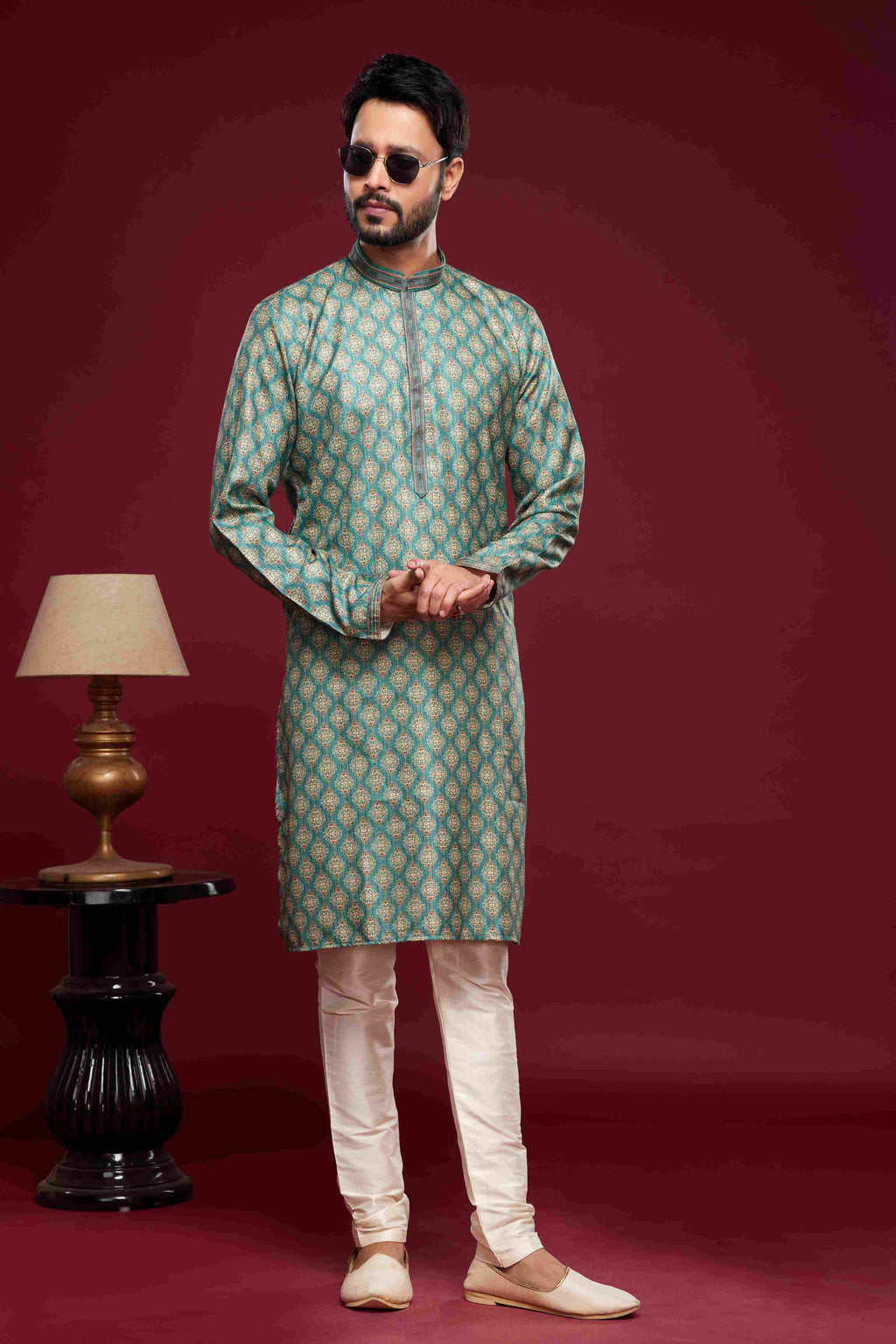 Raivat Ethnic Art Silk Digital Print Pintux Work Kurta Pajama In Green Colour