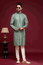 Raivat Ethnic Art Silk Digital Print Pintux Work Kurta Pajama In Green Colour