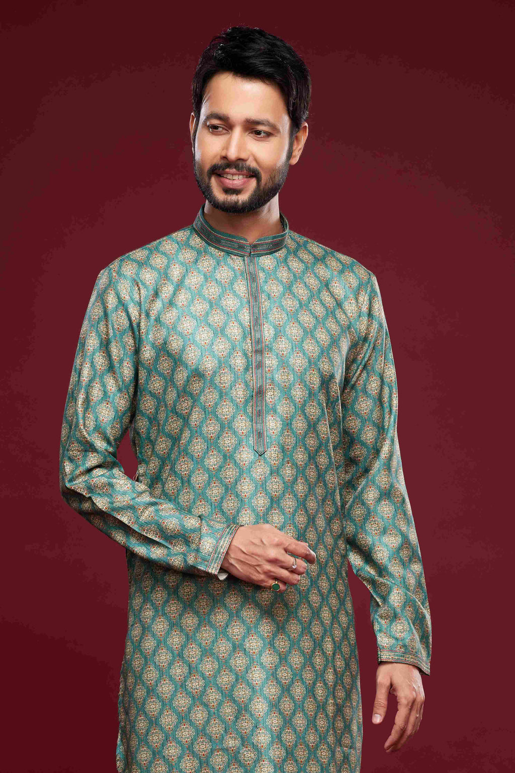 Raivat Ethnic Art Silk Digital Print Pintux Work Kurta Pajama In Green Colour