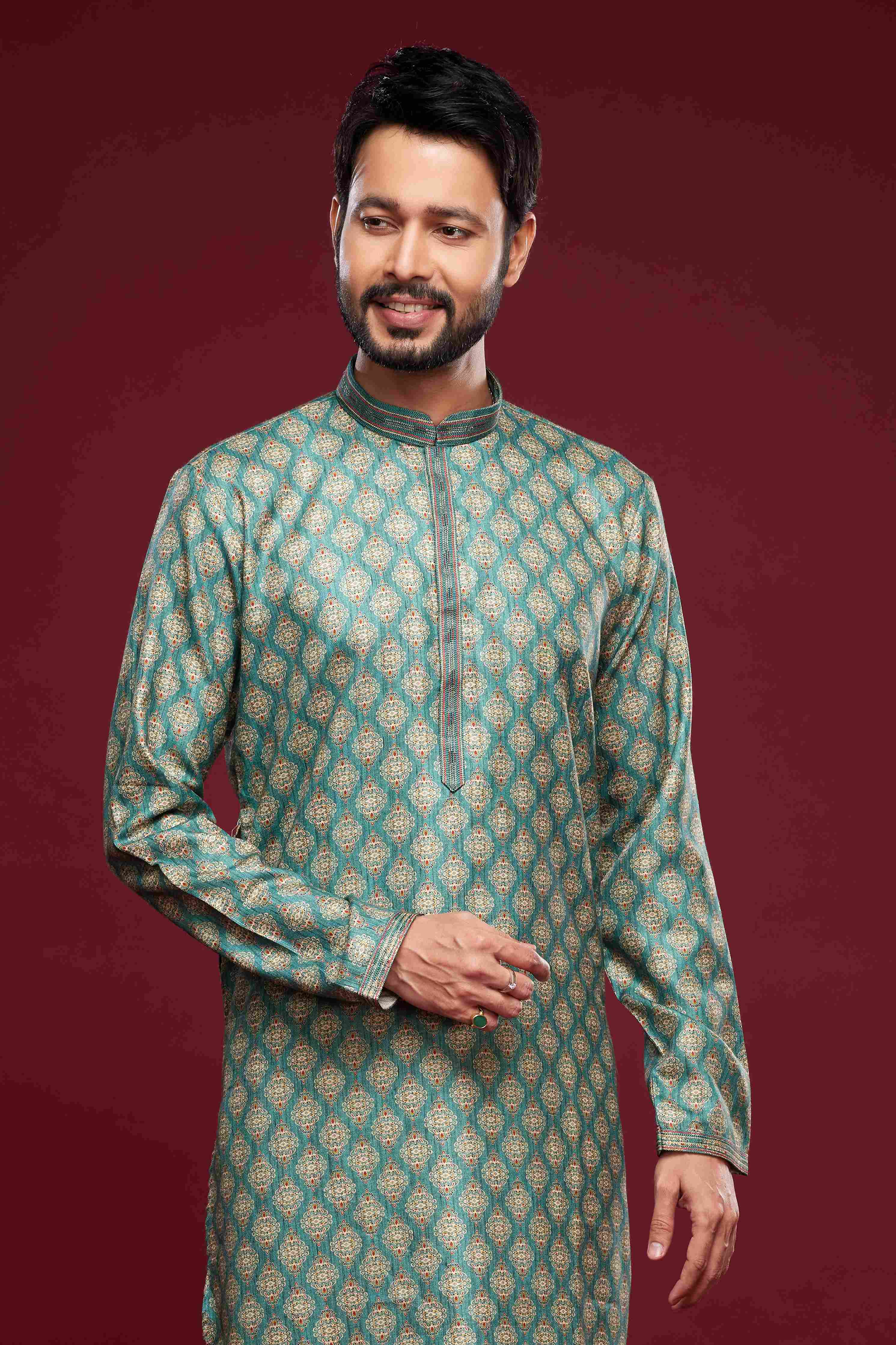 Raivat Ethnic Art Silk Digital Print Pintux Work Kurta Pajama In Green Colour
