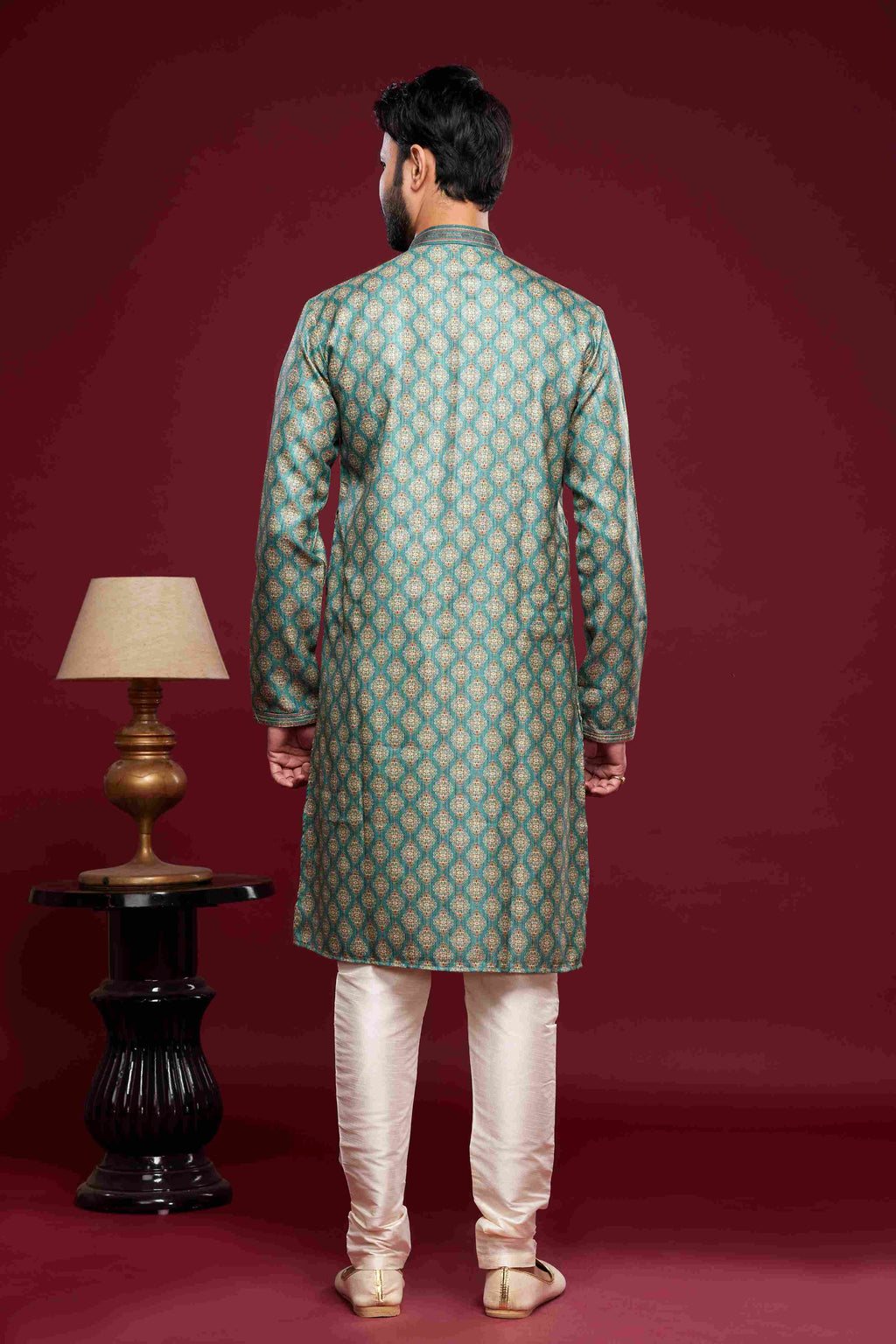Raivat Ethnic Art Silk Digital Print Pintux Work Kurta Pajama In Green Colour