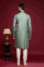 Raivat Ethnic Art Silk Digital Print Pintux Work Kurta Pajama In Green Colour