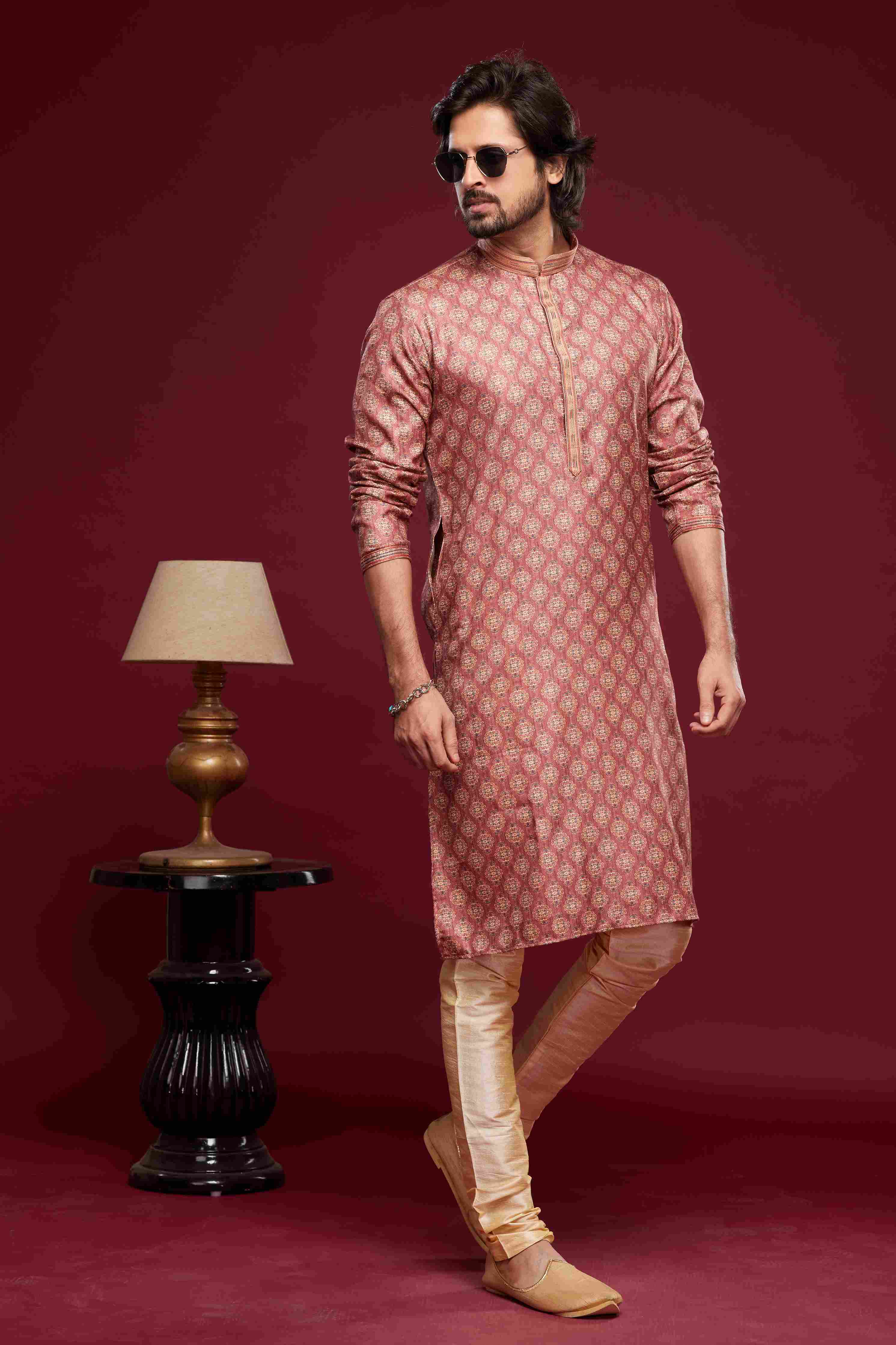 Raivat Ethnic Art Silk Digital Print Pintux Work Kurta Pajama In Pink Colour