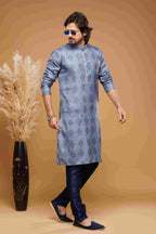 Raivat Ethnic Art Silk Digital Print Pintux Work Kurta Pajama In Blue Colour