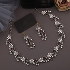 Tehzeeb Creations Silver Pleated White Diamond With Maroon Beads Necklace Set