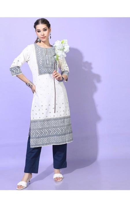 Maai Rayon Hand Printed Kurta White