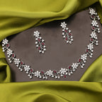 Tehzeeb Creations Silver Pleated White Diamond With Maroon Beads Necklace Set