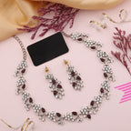 Tehzeeb Creations Silver Pleated White Diamond With Maroon Beads Necklace Set