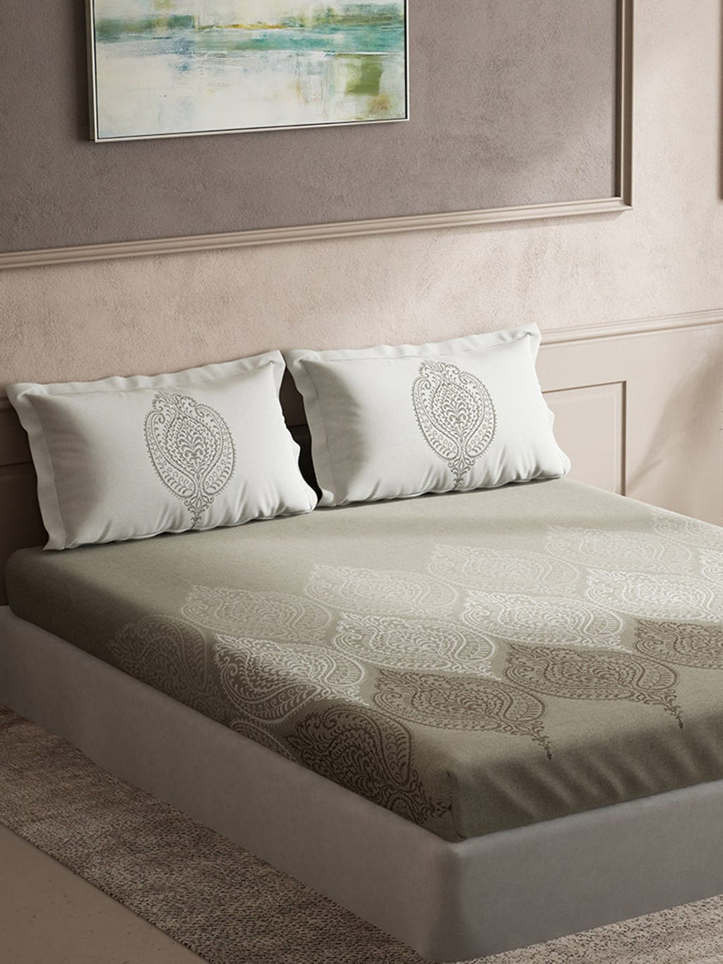 DDecor Grey & White Ethnic Motifs Cotton 140 TC Queen Bedsheet With 2 Pillow Covers