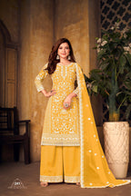 Anaita Yellow Embroidered Net Plazzo Suit - Distacart