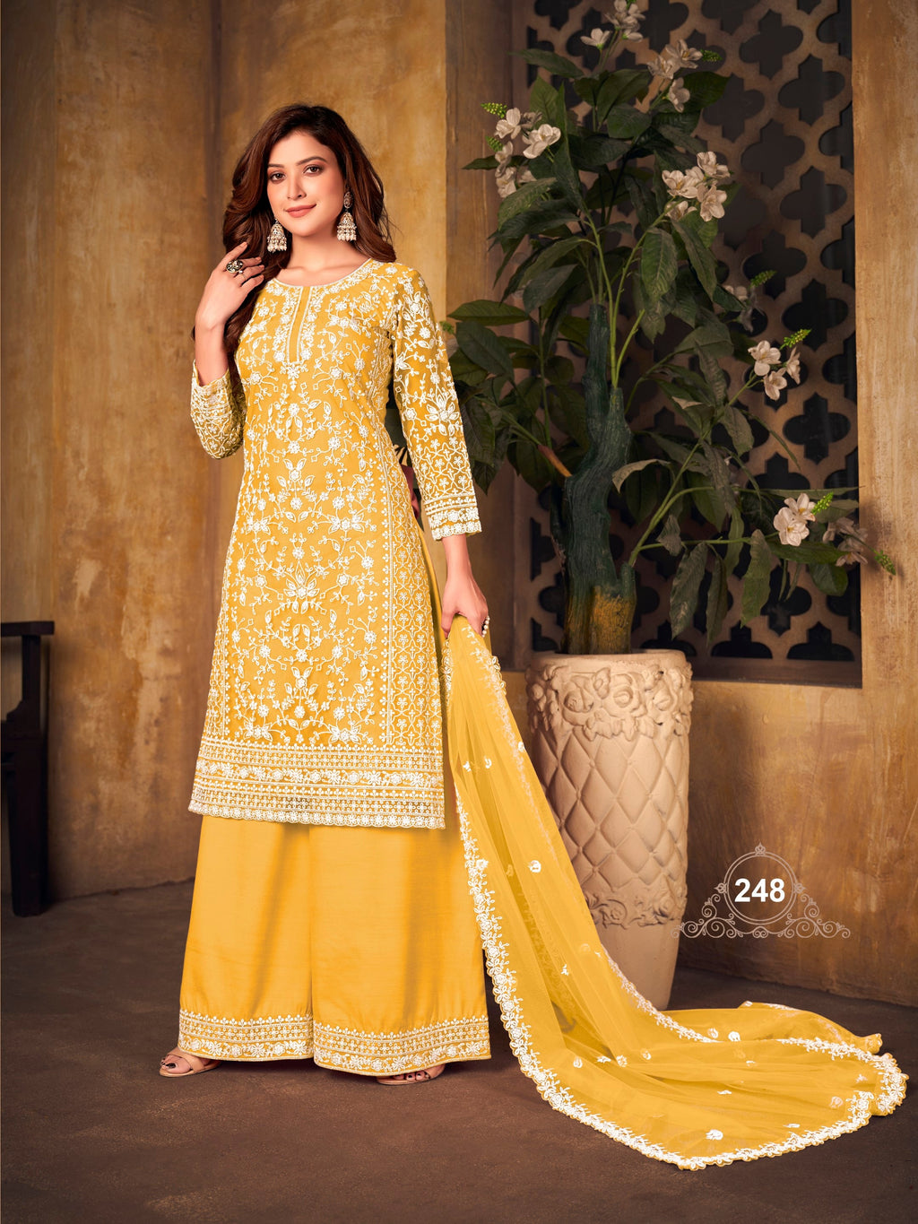 Anaita Yellow Embroidered Net Plazzo Suit - Distacart