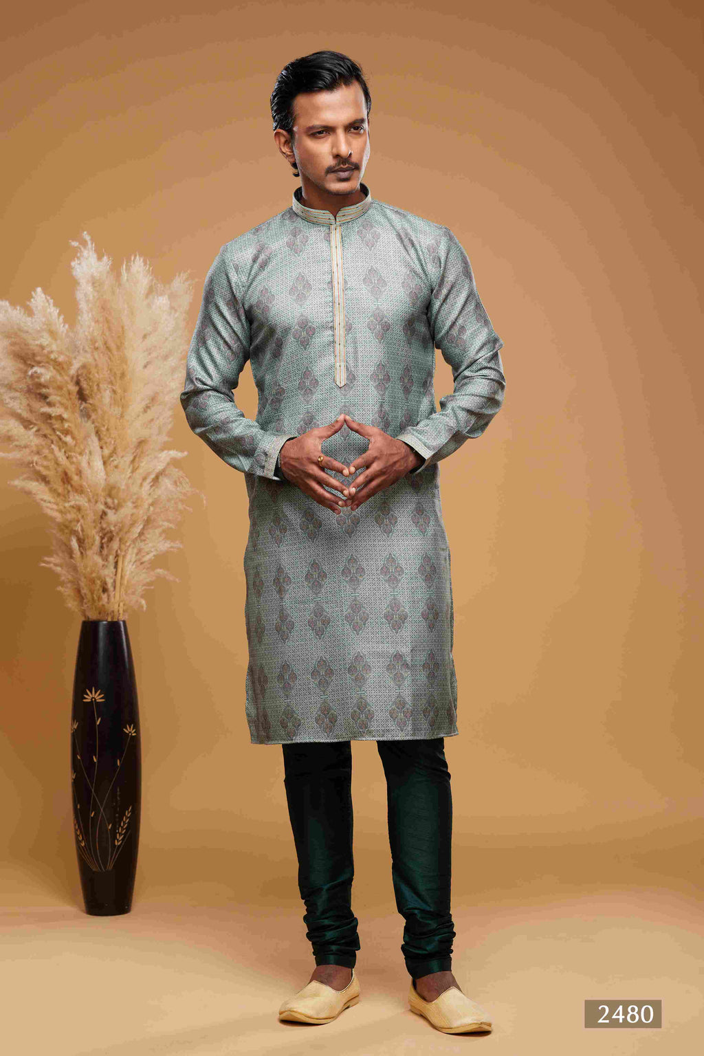 Raivat Ethnic Art Silk Digital Print Pintux Work Kurta Pajama In Green Colour