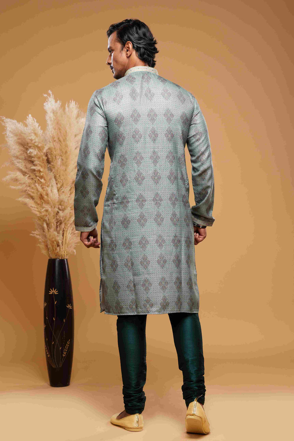 Raivat Ethnic Art Silk Digital Print Pintux Work Kurta Pajama In Green Colour
